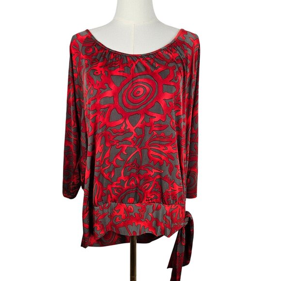 Clara Sunwoo Top XL Red & Gray Abstract Print, Side Tie Maximalism - Picture 1 of 9